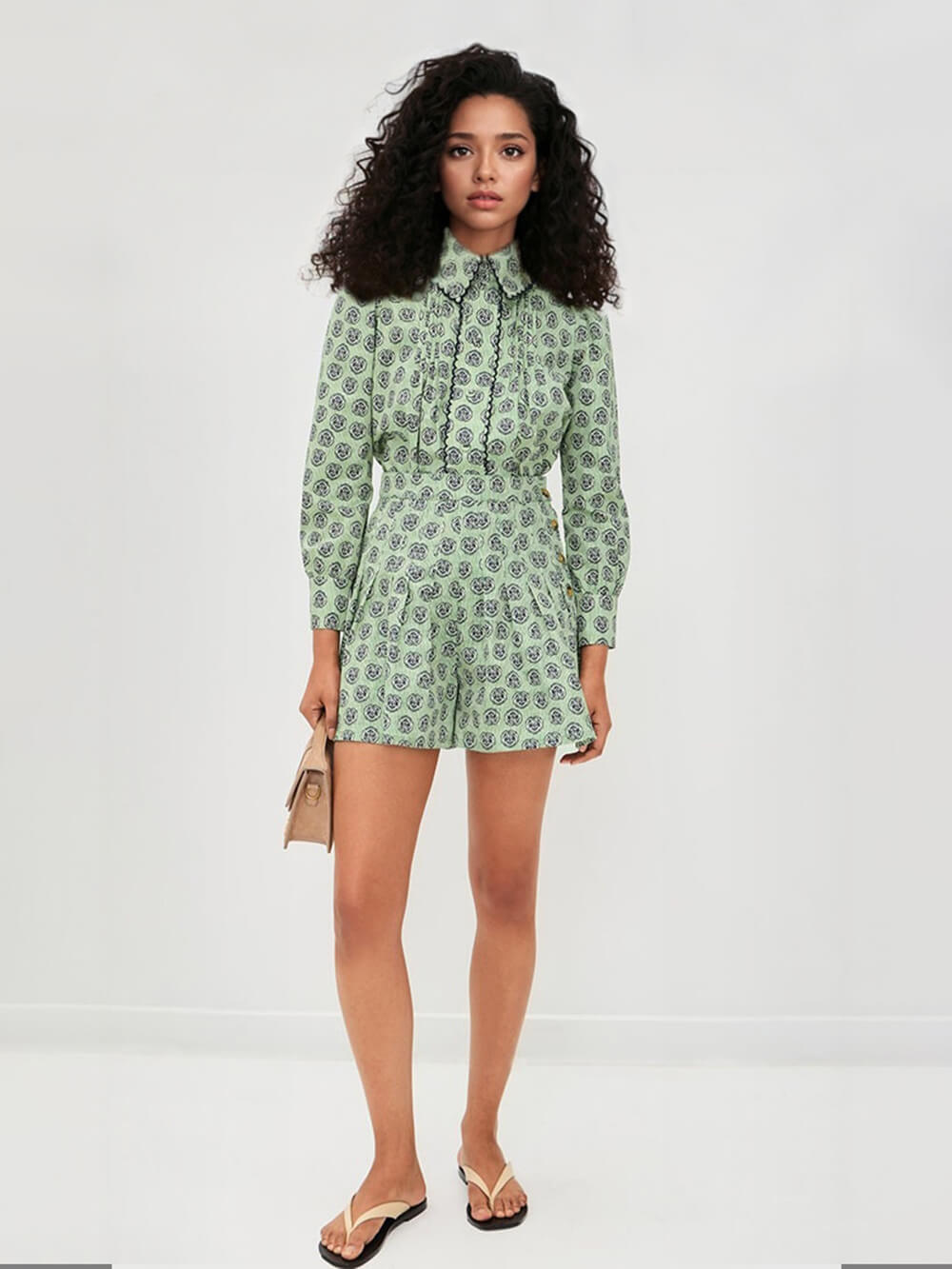 Retro Print Collared Long-Sleeve Shirt and High-Waisted Shorts Set