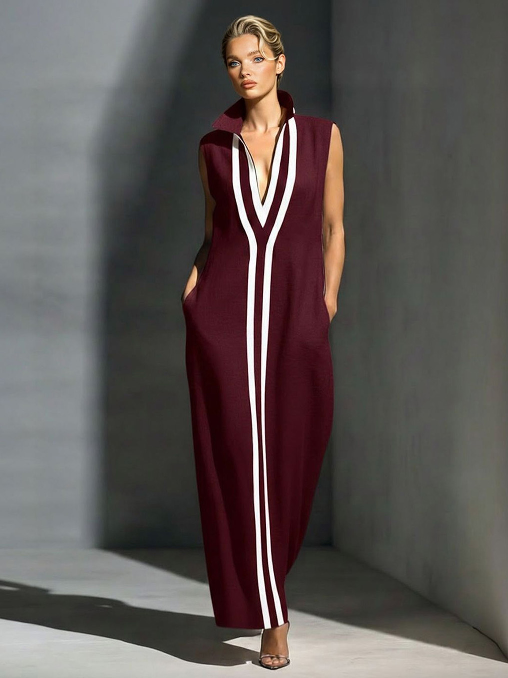 Elegant Sleeveless Deep V-Neck Contrast-Trim Maxi Dress
