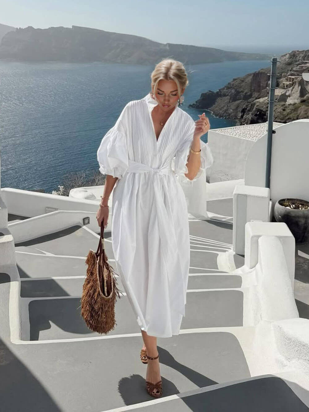 Bohemian Ruched Lantern Sleeve Midi Dress