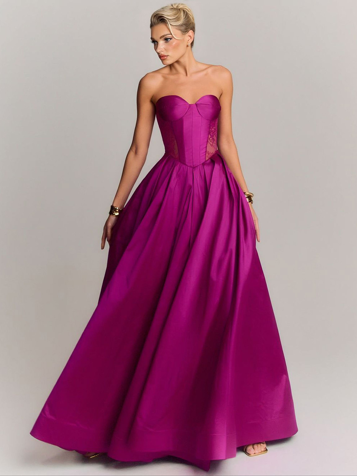 Elegant Strapless Lace-Panel Ball Gown Maxi Dress