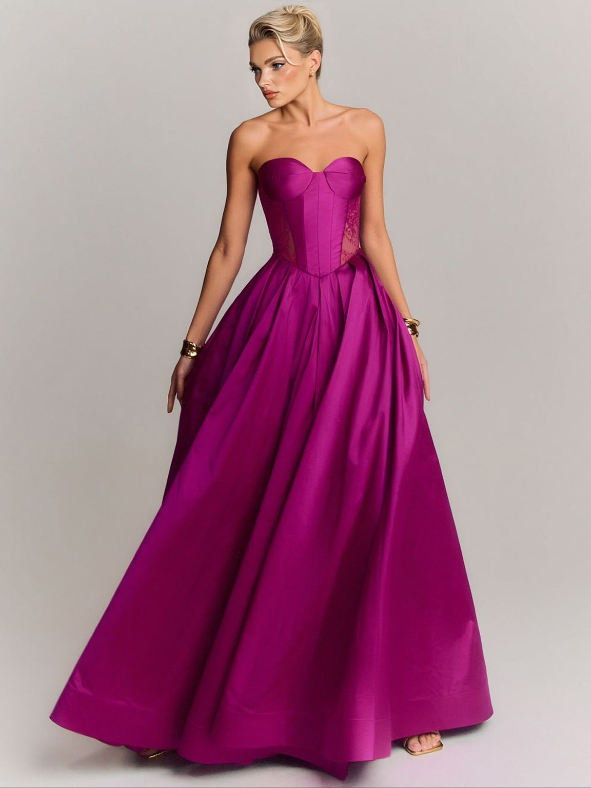 Elegant Strapless Lace-Panel Ball Gown Maxi Dress