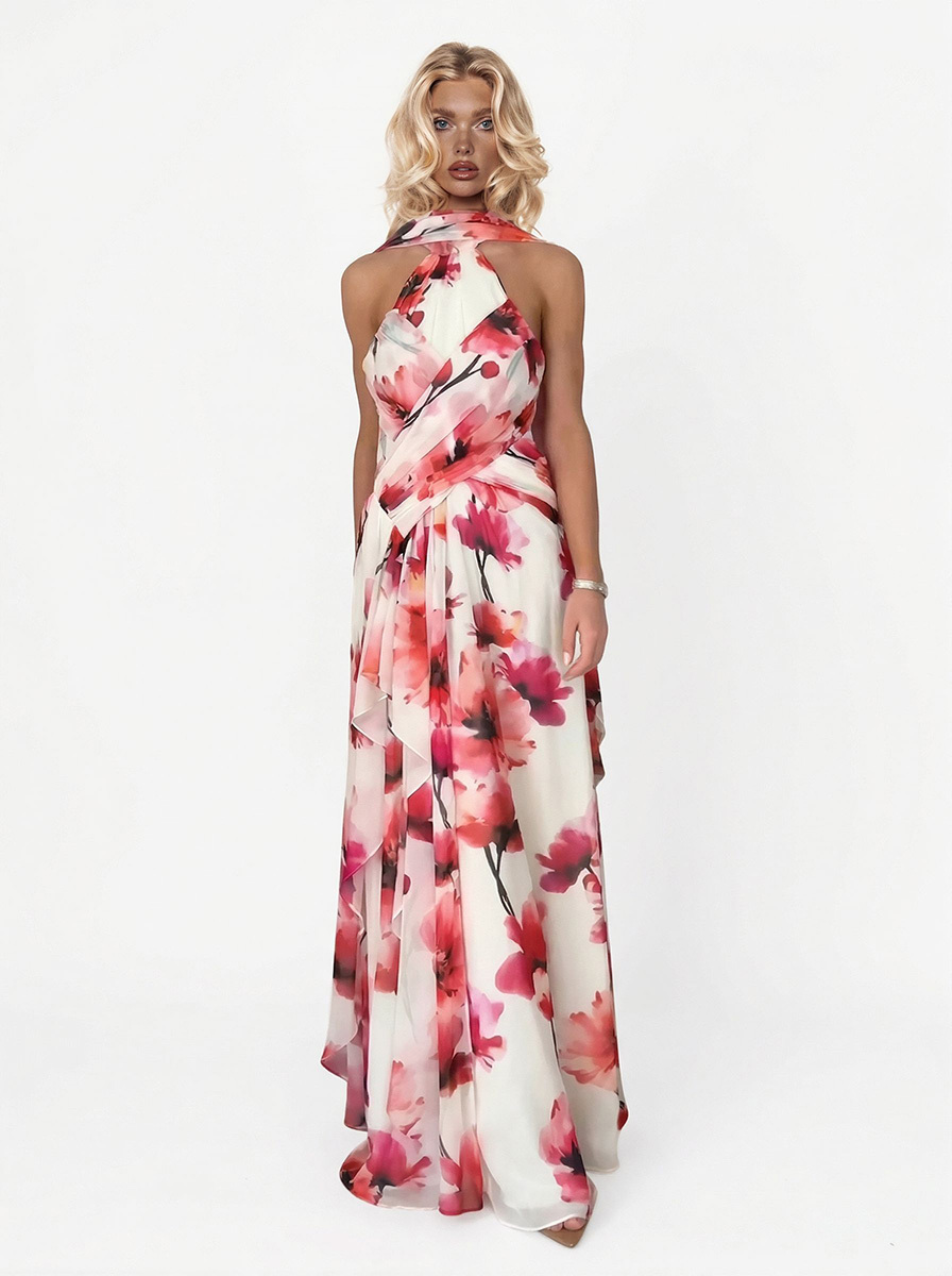 Elegant Watercolor Floral Print Backless Chiffon Maxi Dress