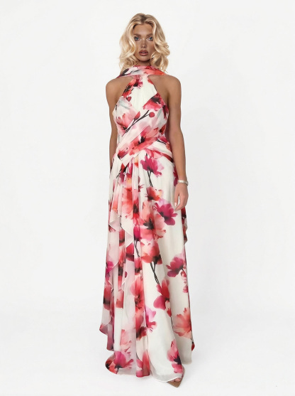 Elegant Watercolor Floral Print Backless Chiffon Maxi Dress