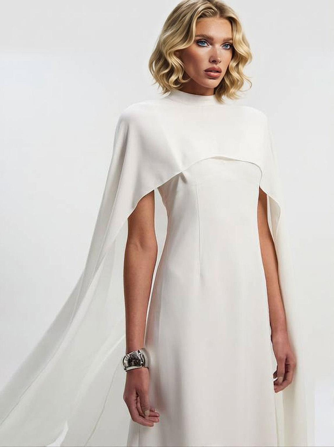 Elegant High-Neck Cape-Style Maxi Dress