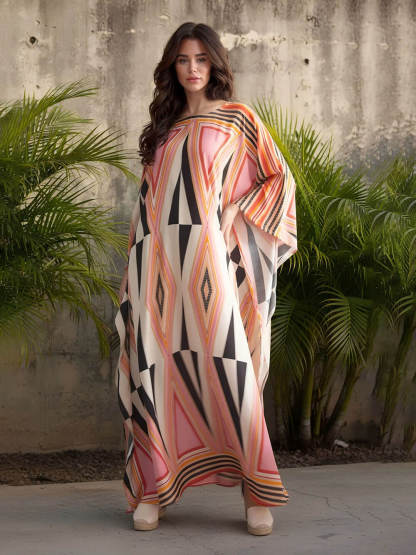Simple Retro Triangle Print Slit Kimono Maxi Dress