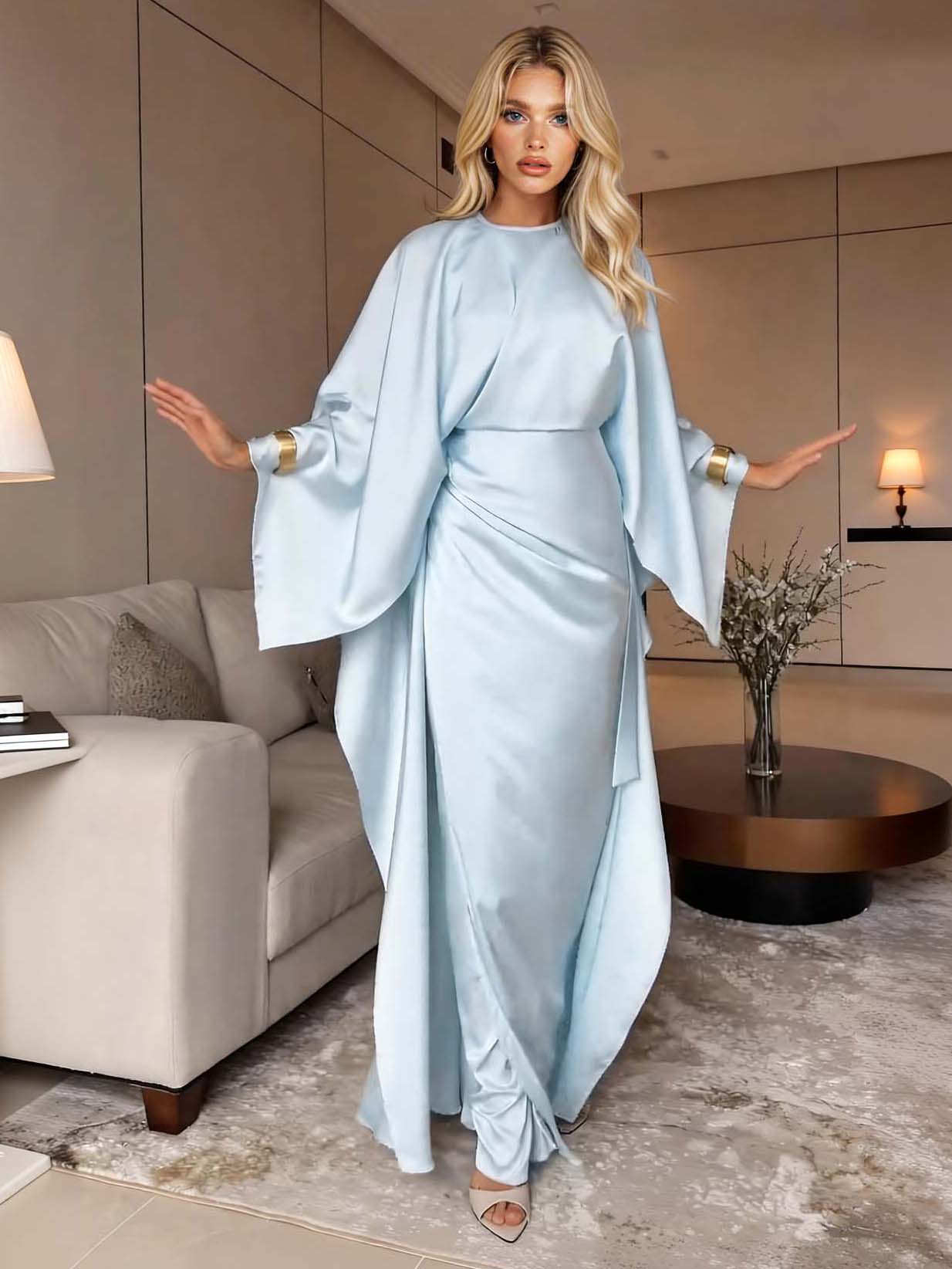 Elegant Satin Pleated Batwing Sleeve Maxi Dress