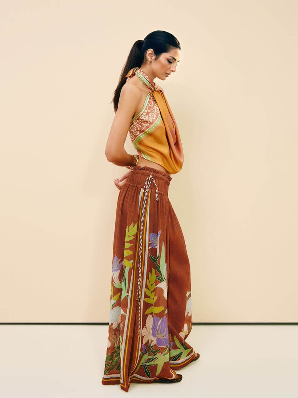 Exquisite Ruffled Adjustable Strap Camisole with Drawstring Slit Wide-Leg Pants Set