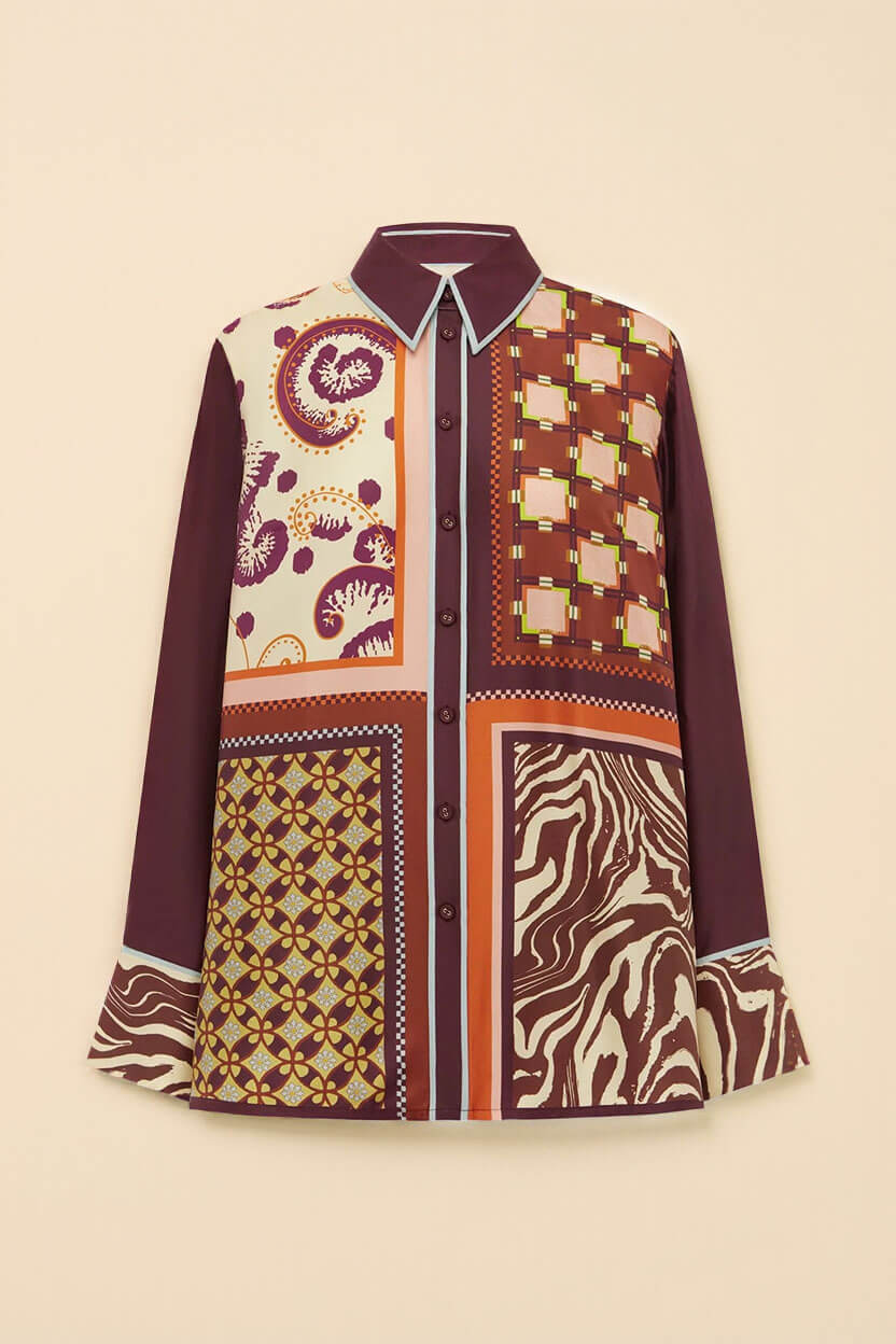 Unique Paisley Color-Block Satin Shirt