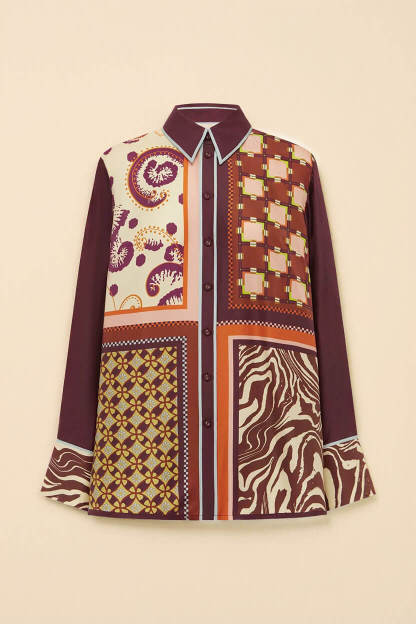 Unique Paisley Color-Block Satin Shirt And Elastic Waist Wide-Leg Pants Set