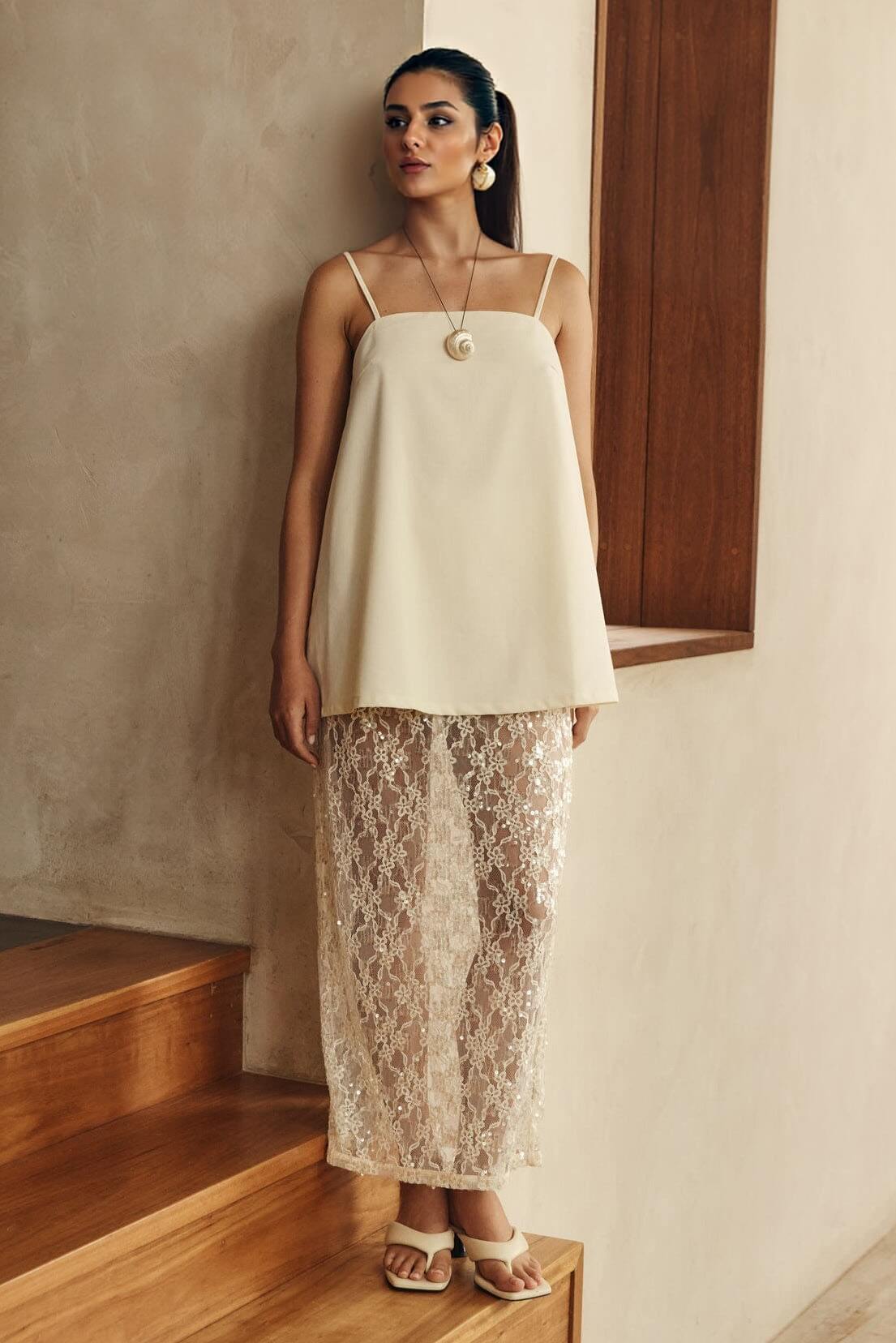 Elegant Sheer Sequin Lace High-Waist Maxi Skirt