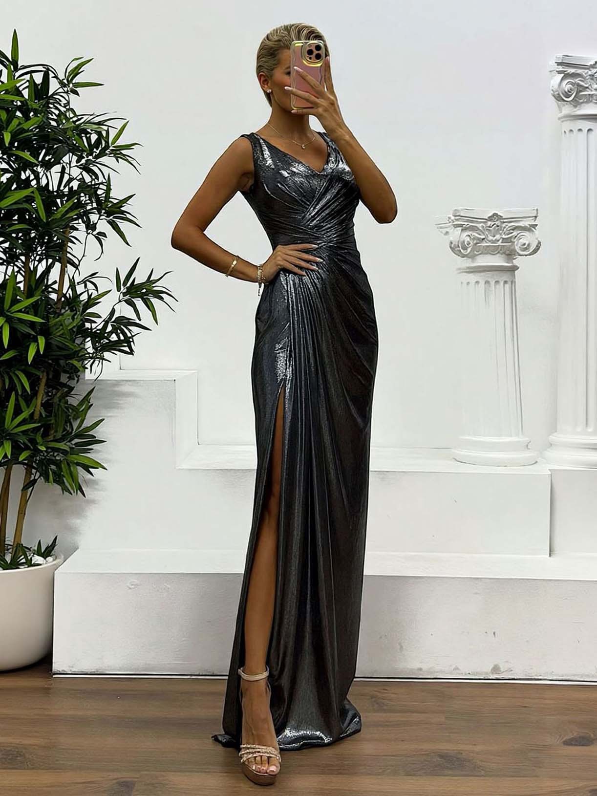 Elegant V-neck Draped Evening Gown Maxi Dress
