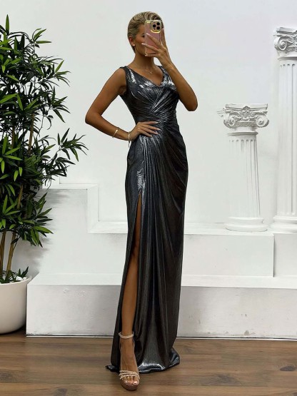 Elegant V-neck Draped Evening Gown Maxi Dress