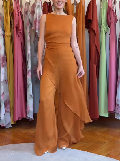 Elegant Sleeveless Asymmetric Top And Wide-Leg Pants Two-Piece Set