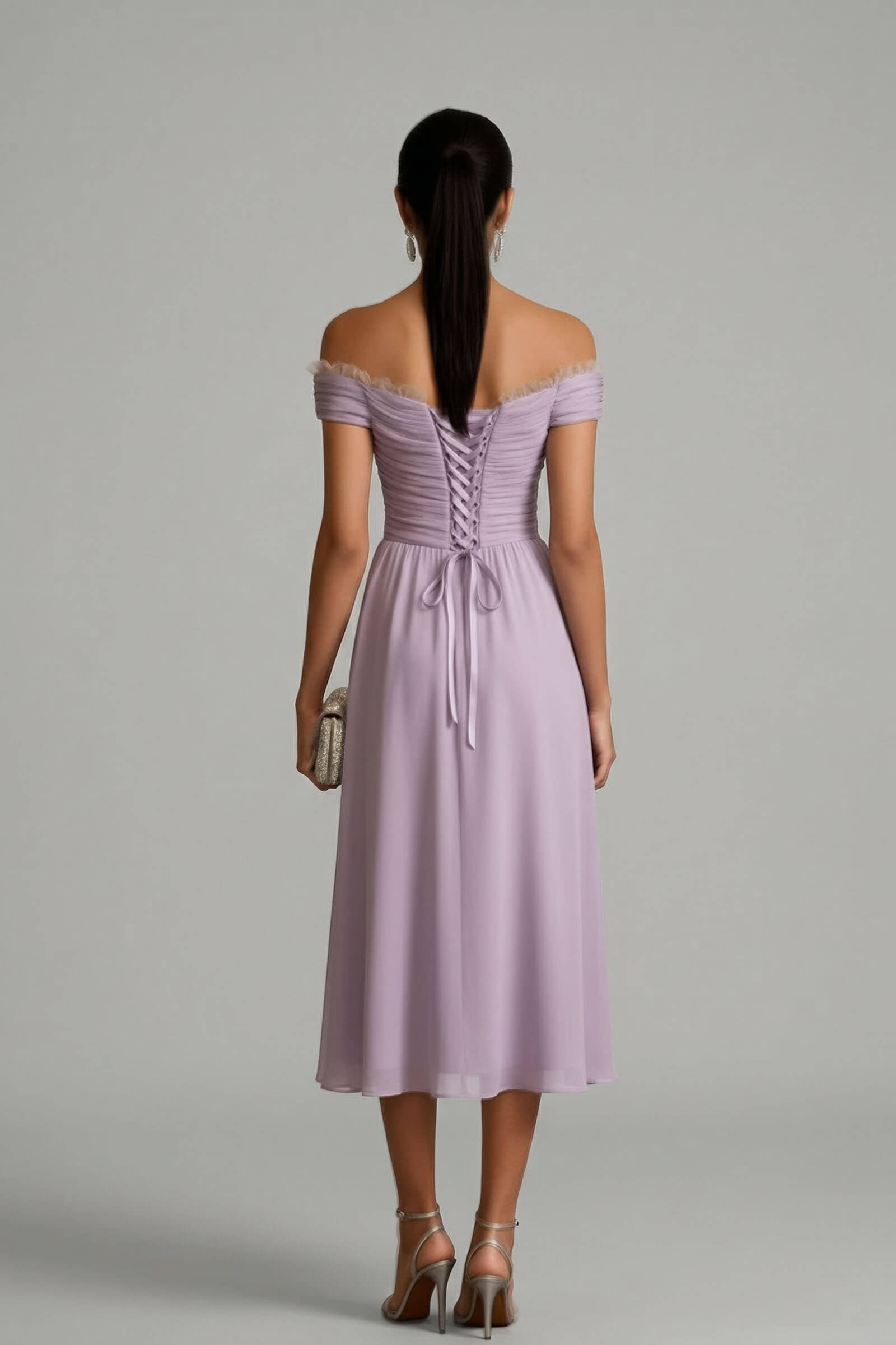 Elegant Peplum Pleated Chiffon Off The Shoulder Sleeveless A-Line Midi Dress