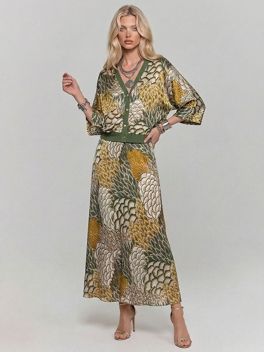 Retro Scale Print Satin Skirt Two-Piece Set