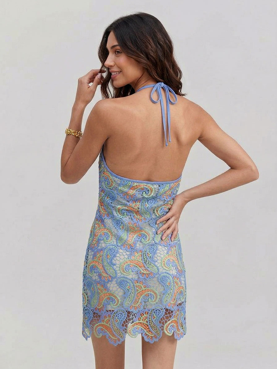 Exquisite Paisley Crocheted Halterneck Mini Dress