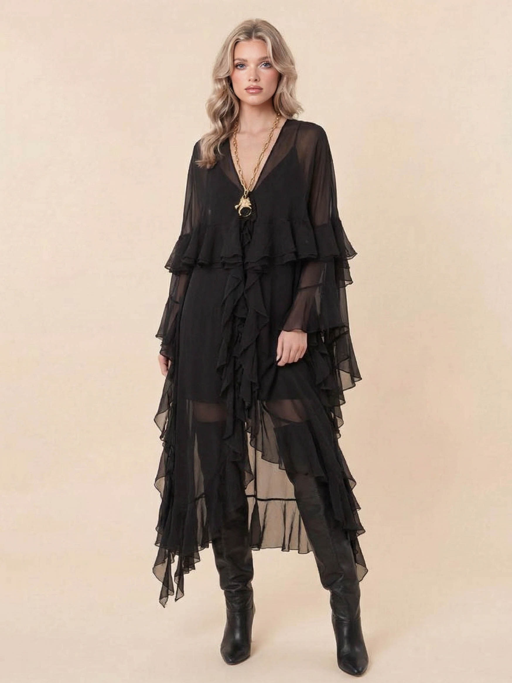 Elegant Tulle Ruffled Flowy Beach Maxi Dress