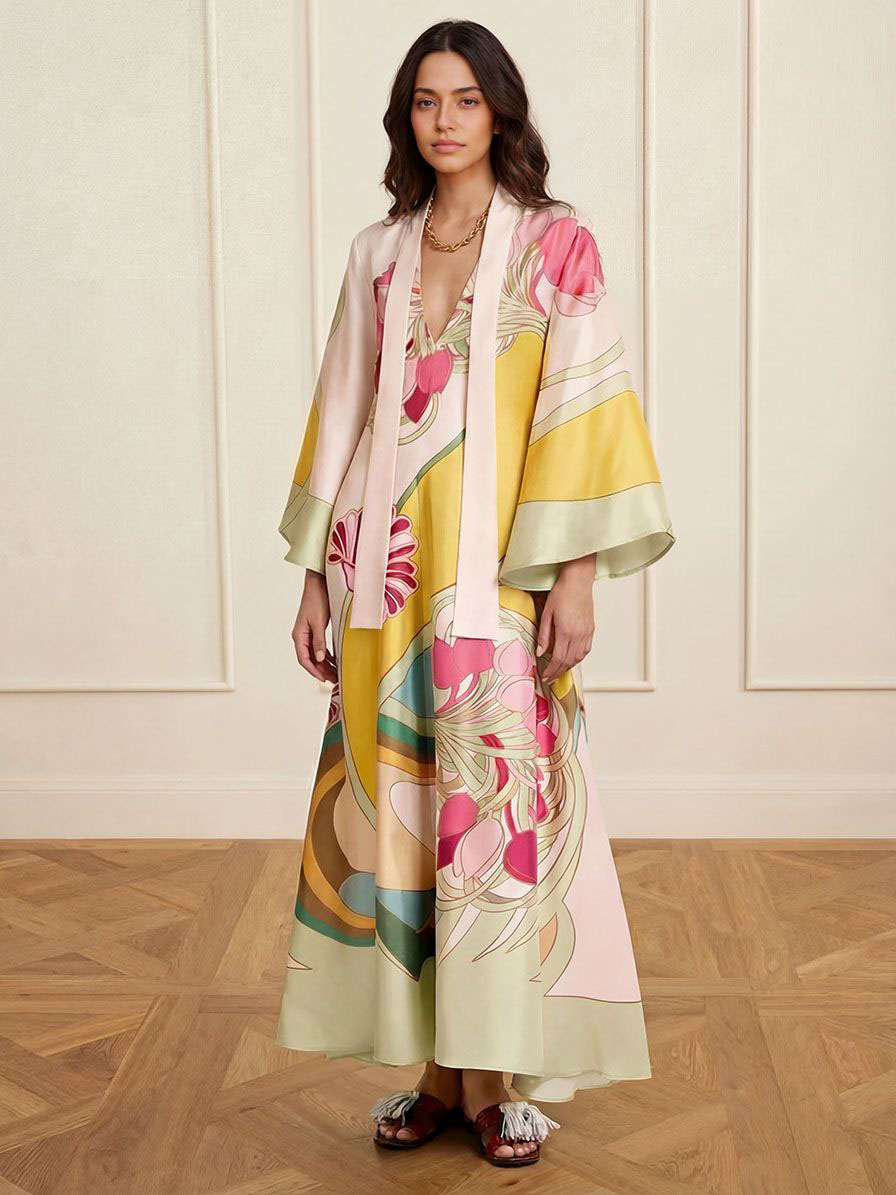 Exquisite Satin Floral Print Loose-fitting Maxi Dress