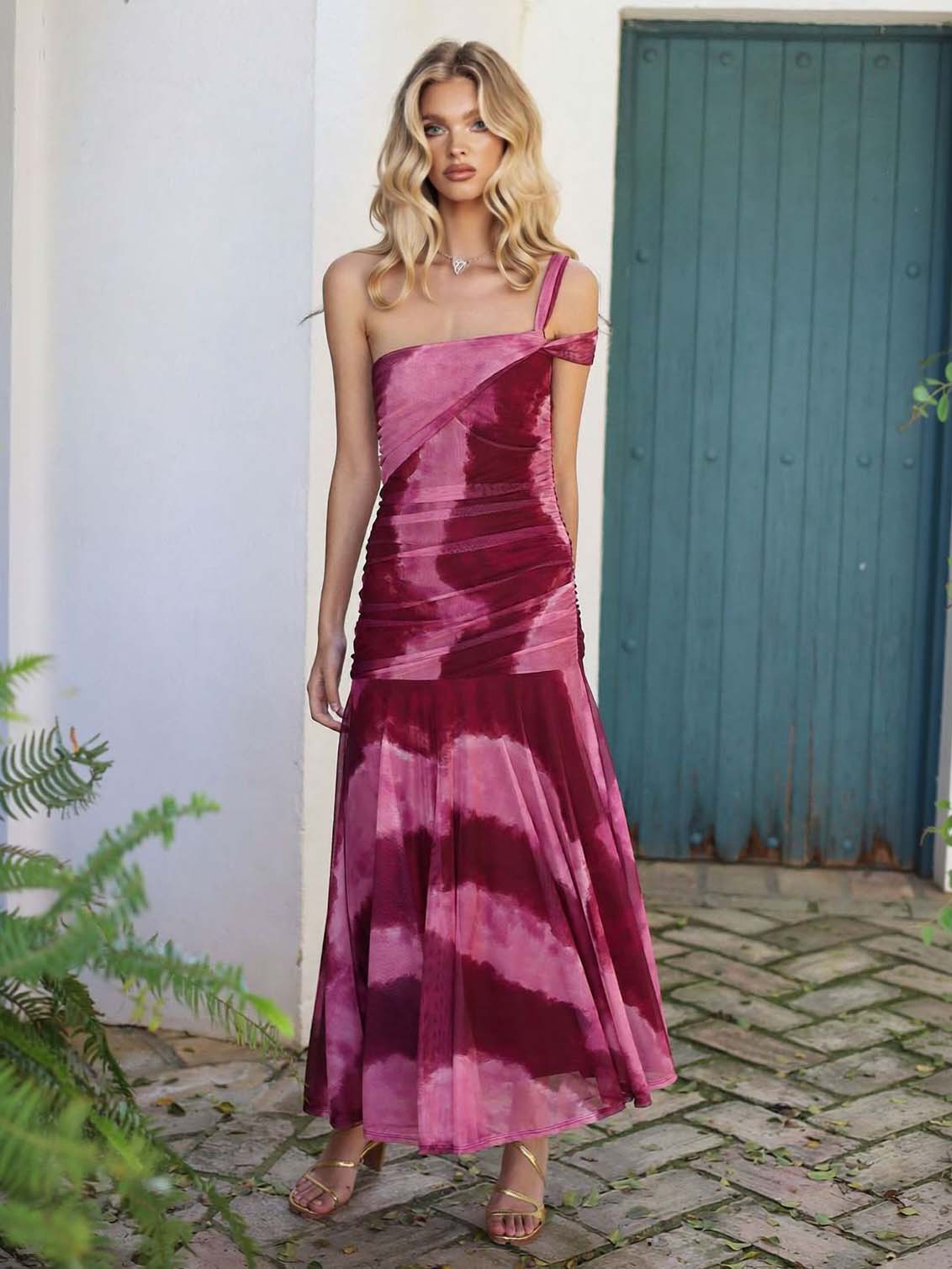 Elegant One-Shoulder Ruched Tie-Dye Chiffon Maxi Dress