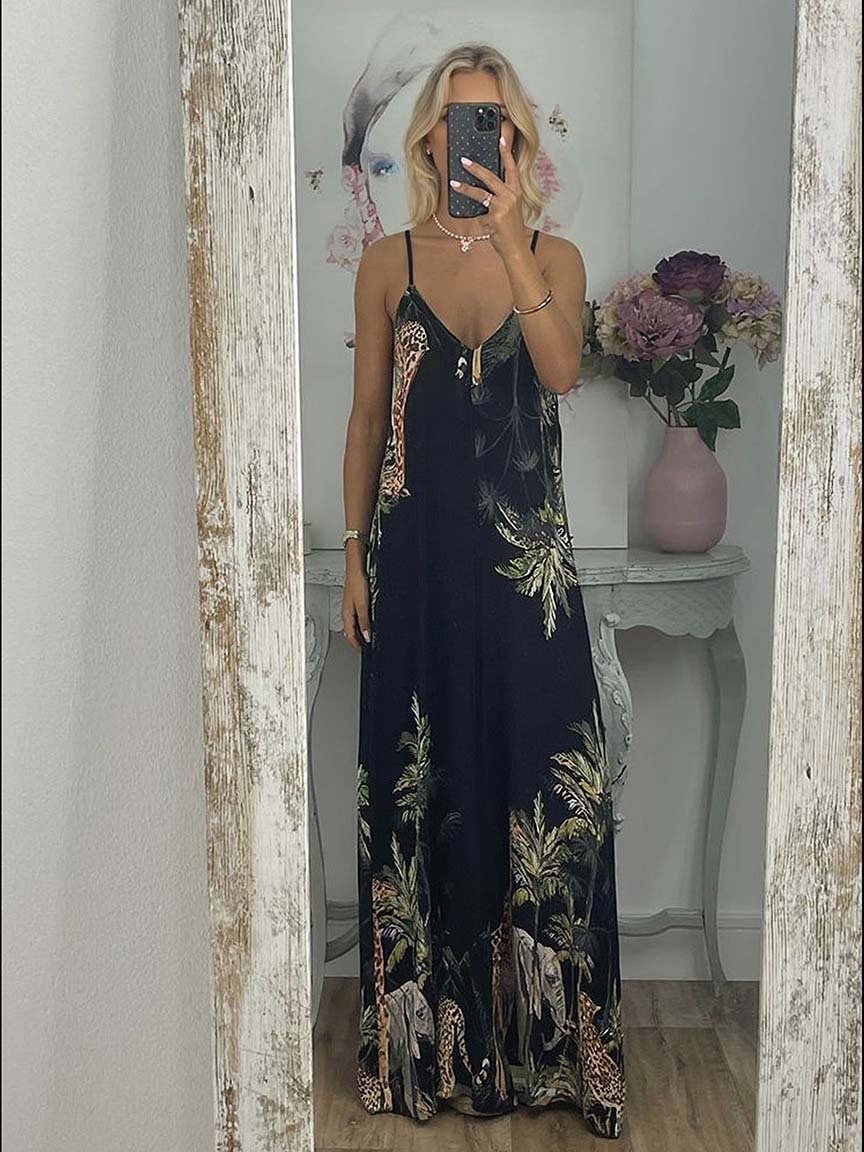 Tropical Giraffe Palm Tree Print Sleeveless High-Waist Jumpsuit