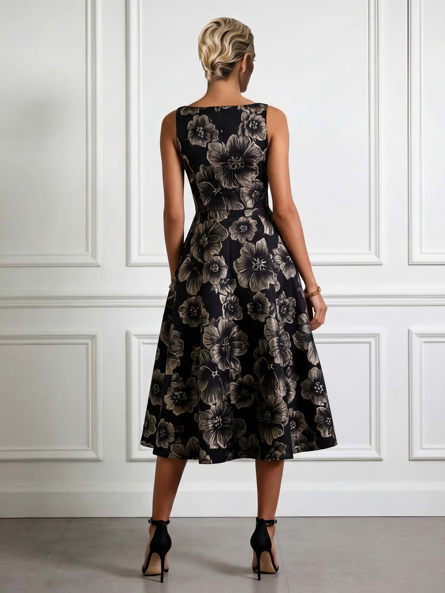 Elegant Gold Floral Jacquard Midi Dress