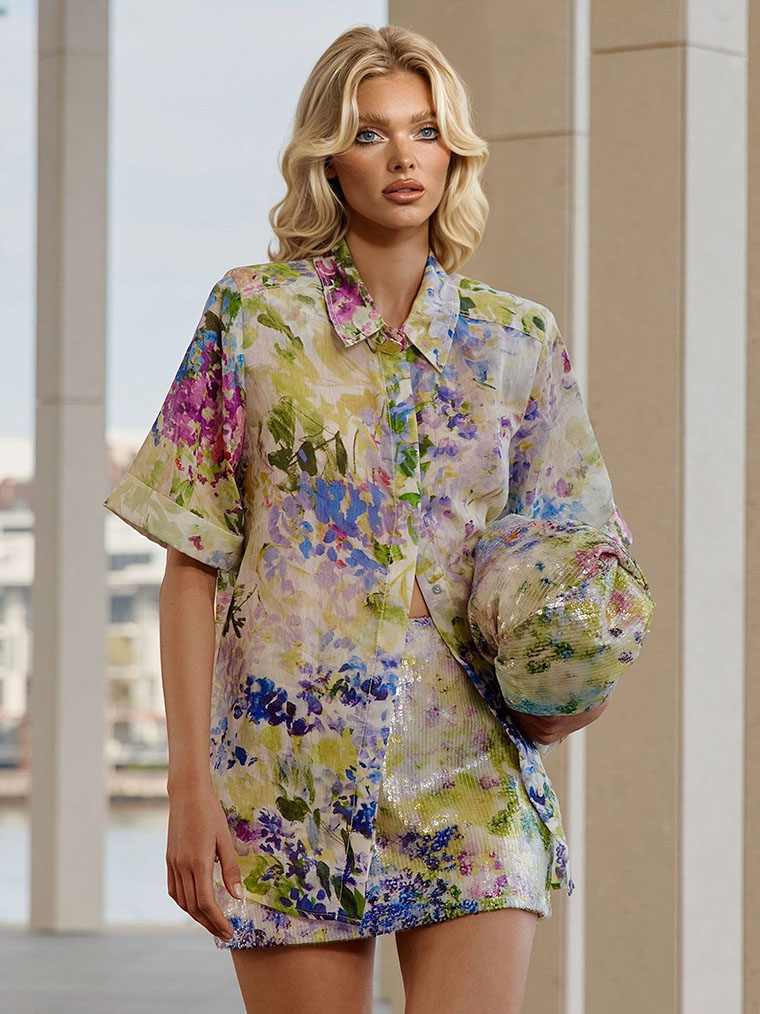 Elegant Floral Print Sequin Top & Skirt Two-Piece Set