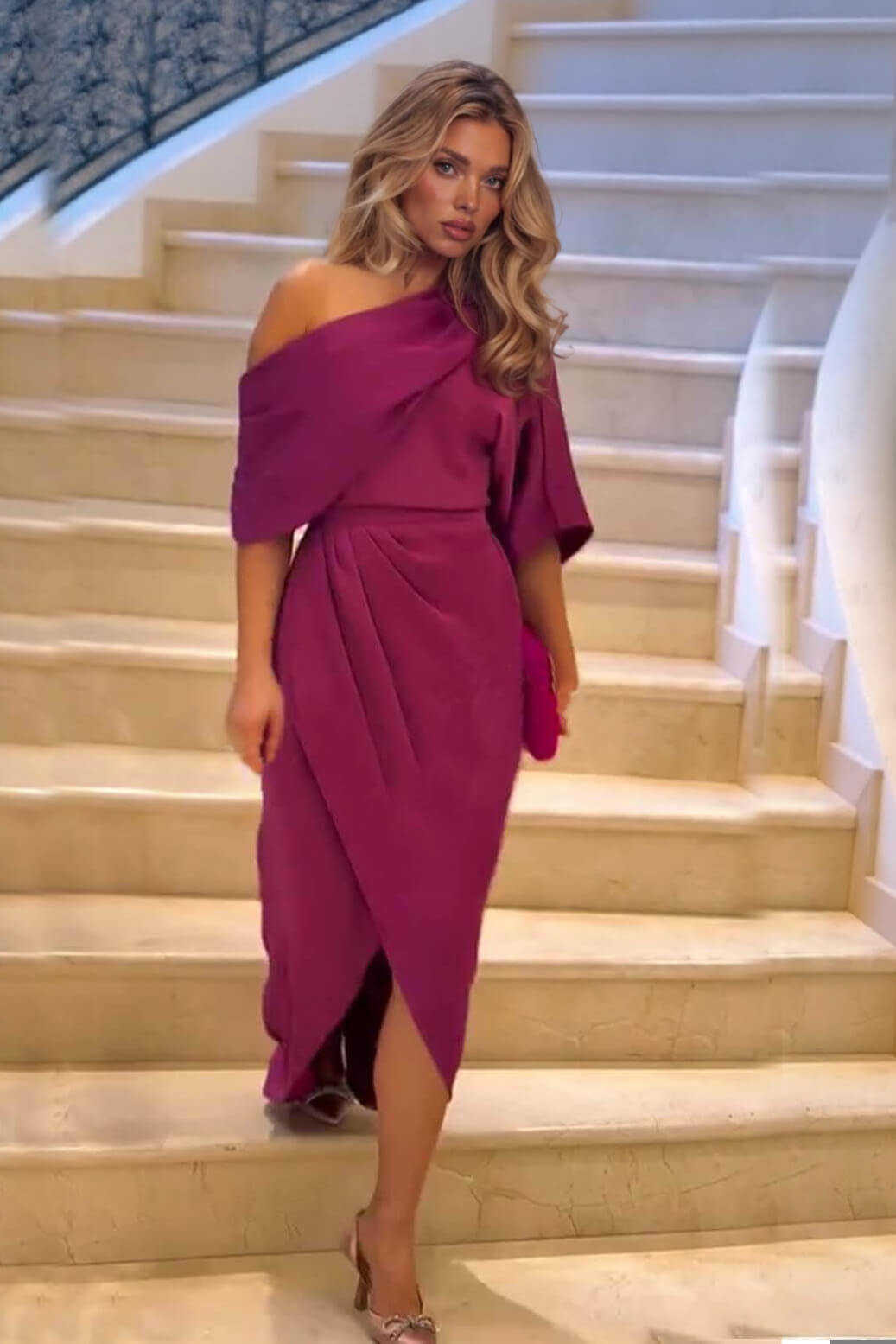 Exquisite Satin Irregular Lapel Neckline Design Ruched Maxi Dress