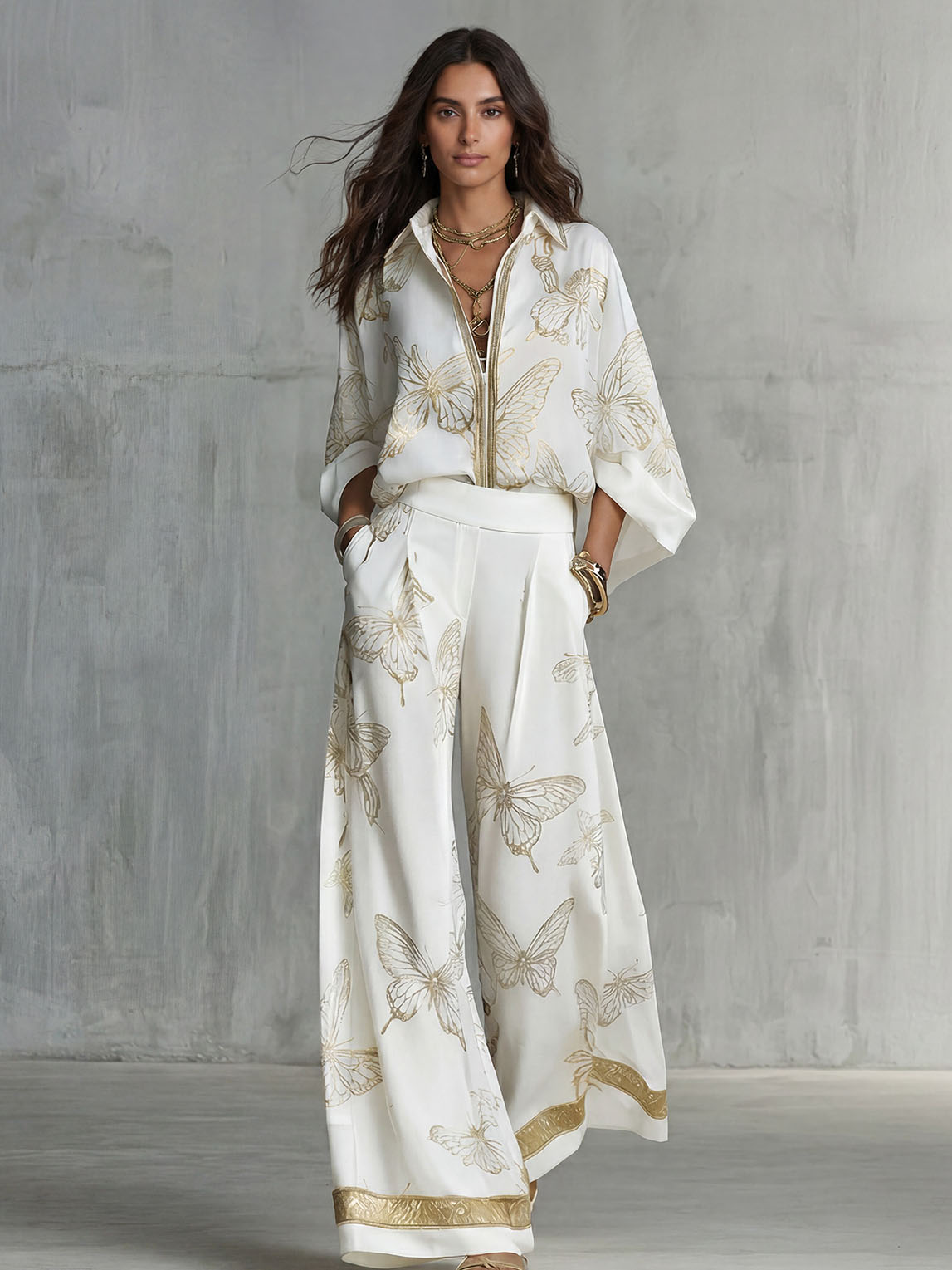 Elegant Butterfly Print Zip Shirt