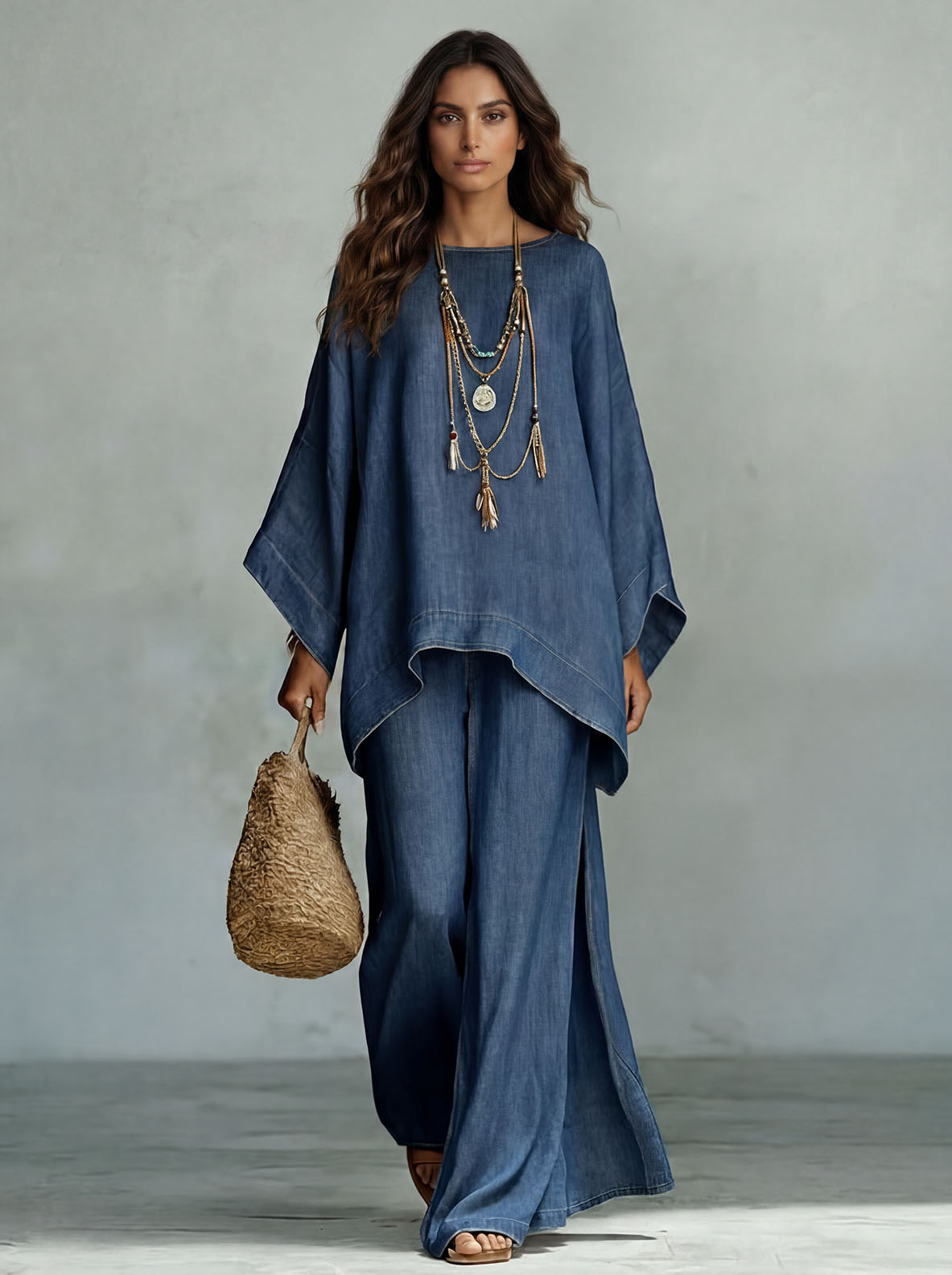 Casual Denim Batwing Asymmetrical Top & Wide Leg Pants Set