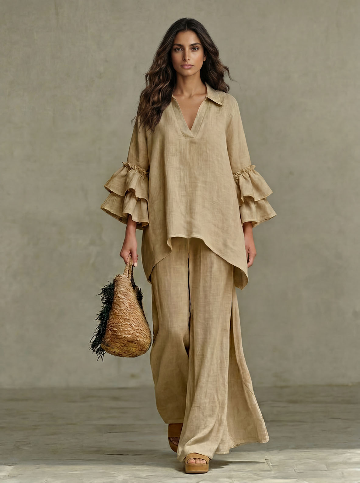 Casual Ruffle Sleeve V-Neck Top & High Waist Wide Leg Pants Set