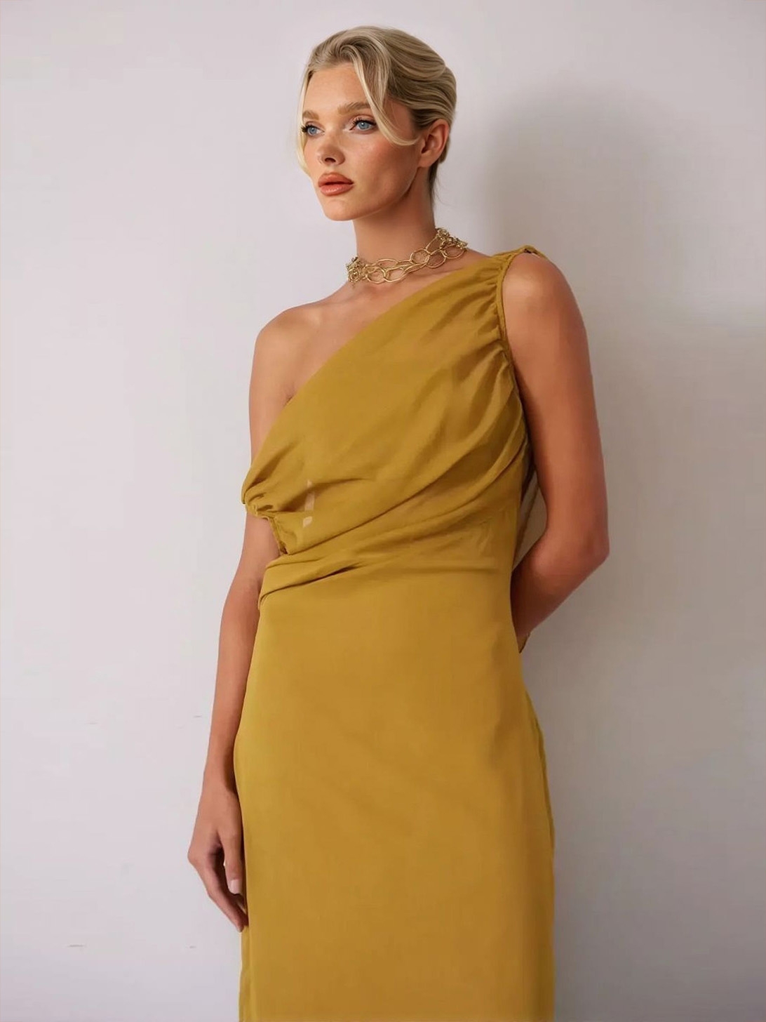 Elegant One-Shoulder Ruched Waist Flowy Maxi Dress