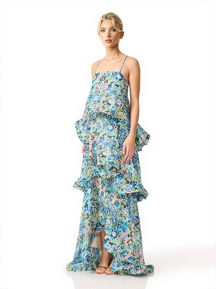 Elegant Vibrant Floral Print Tiered Ruffle Maxi Dress