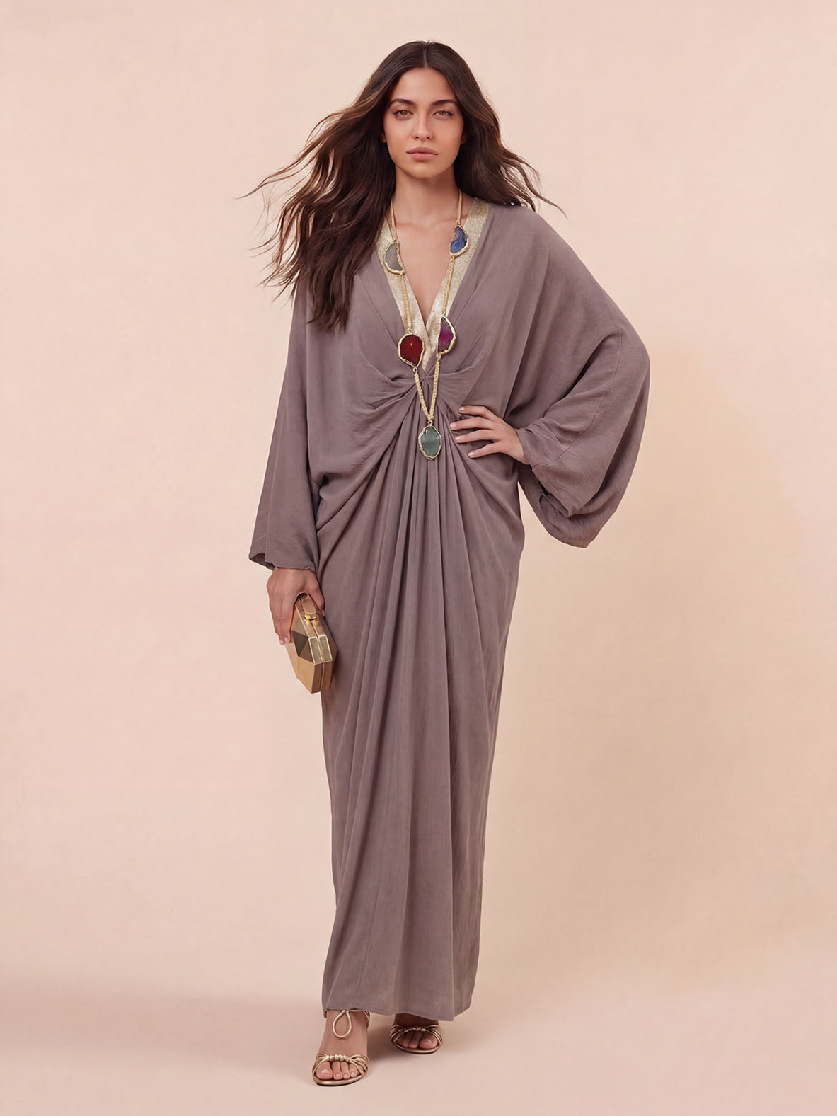 Casual V-Neck Twist Waist Batwing Sleeve Kaftan Maxi Dress