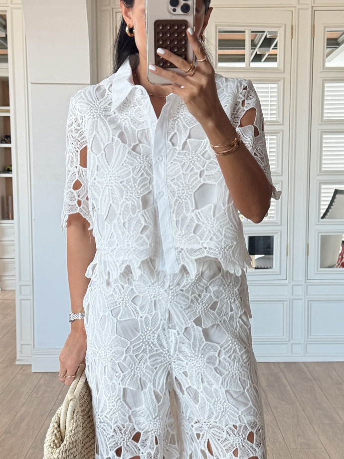 Casual Cutout Lace Shirt & Wide-Leg Pants Two-Piece Set
