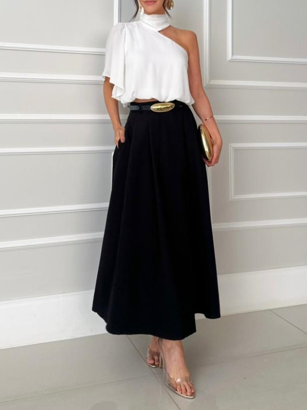 Elegant Asymmetrical Collar Shirt & Skirt Two-Piece Set