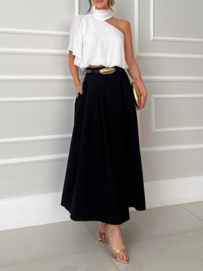 Elegant Asymmetrical Collar Shirt & Skirt Two-Piece Set