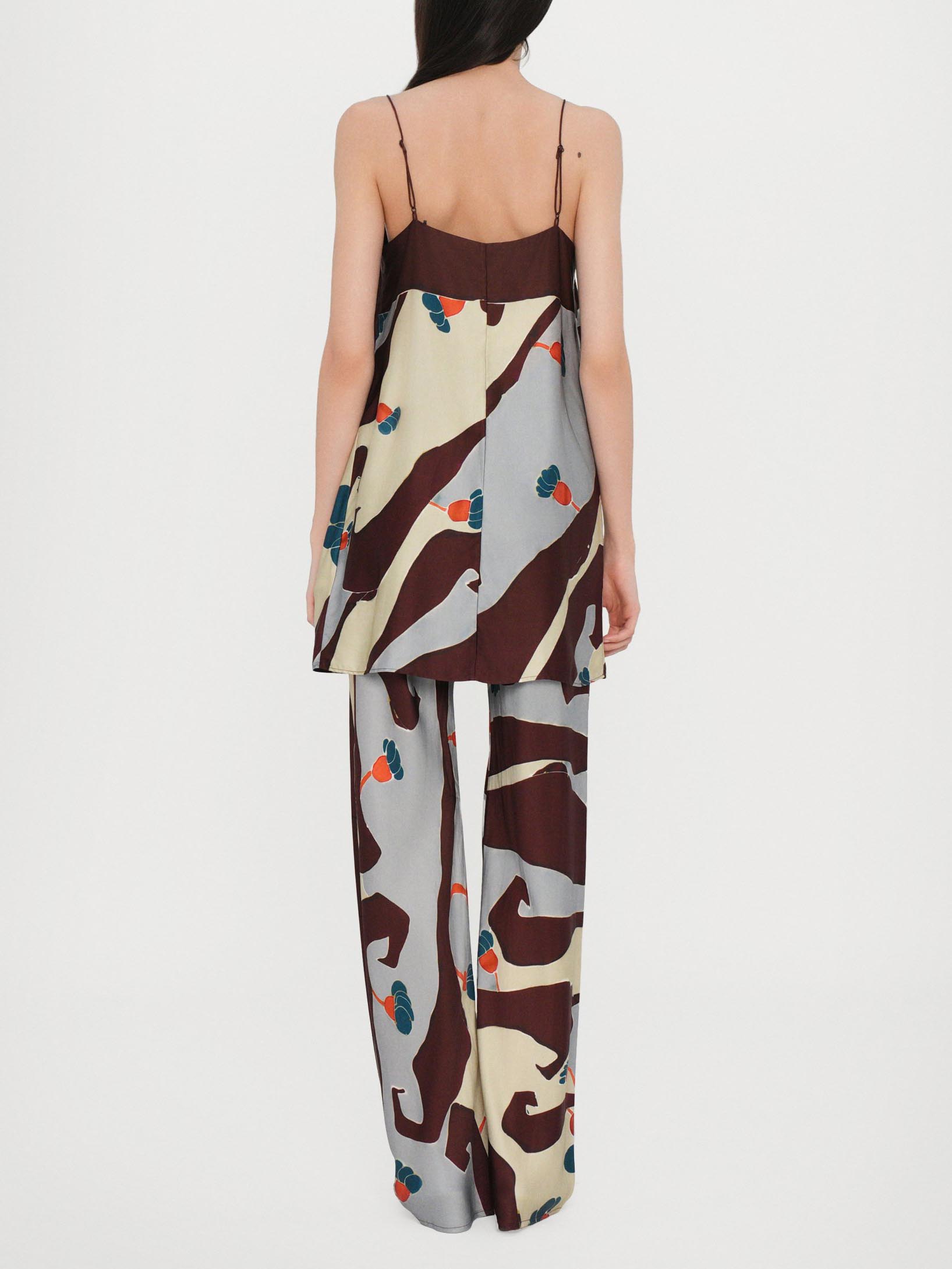Unique Satin Abstract Floral Print Wide-Leg Pants