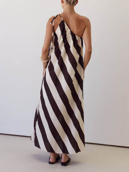 Elegant Striped Print One-Shoulder Tie-Waist Side Pockets Maxi Dress