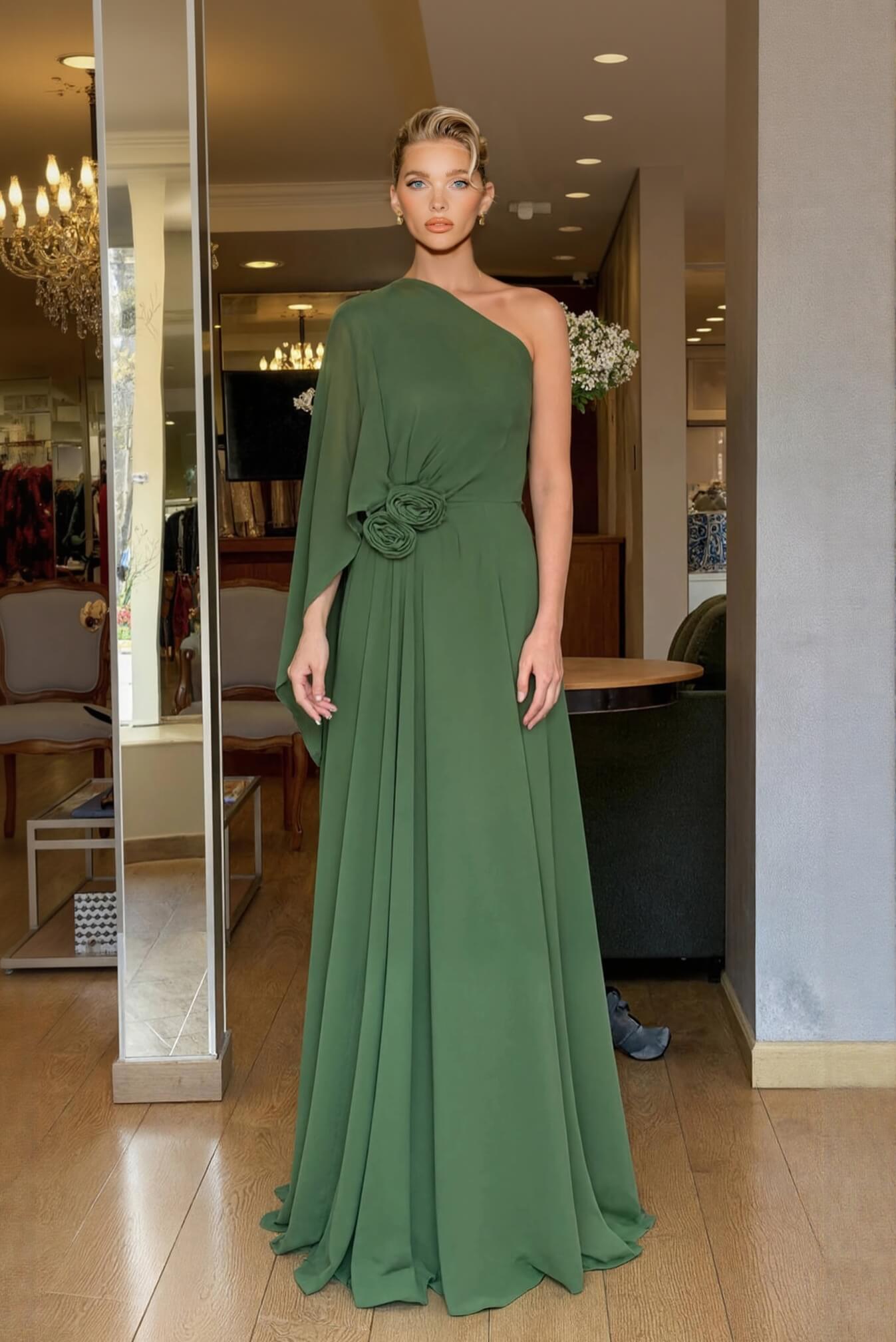 Elegant One-Shoulder Chiffon Flowy Party Maxi Dress