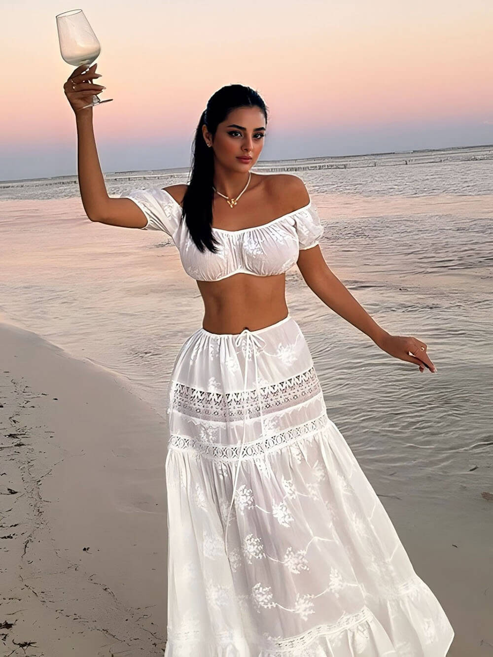 Vacation-Style Cropped Top And High-Waisted Skirt Set