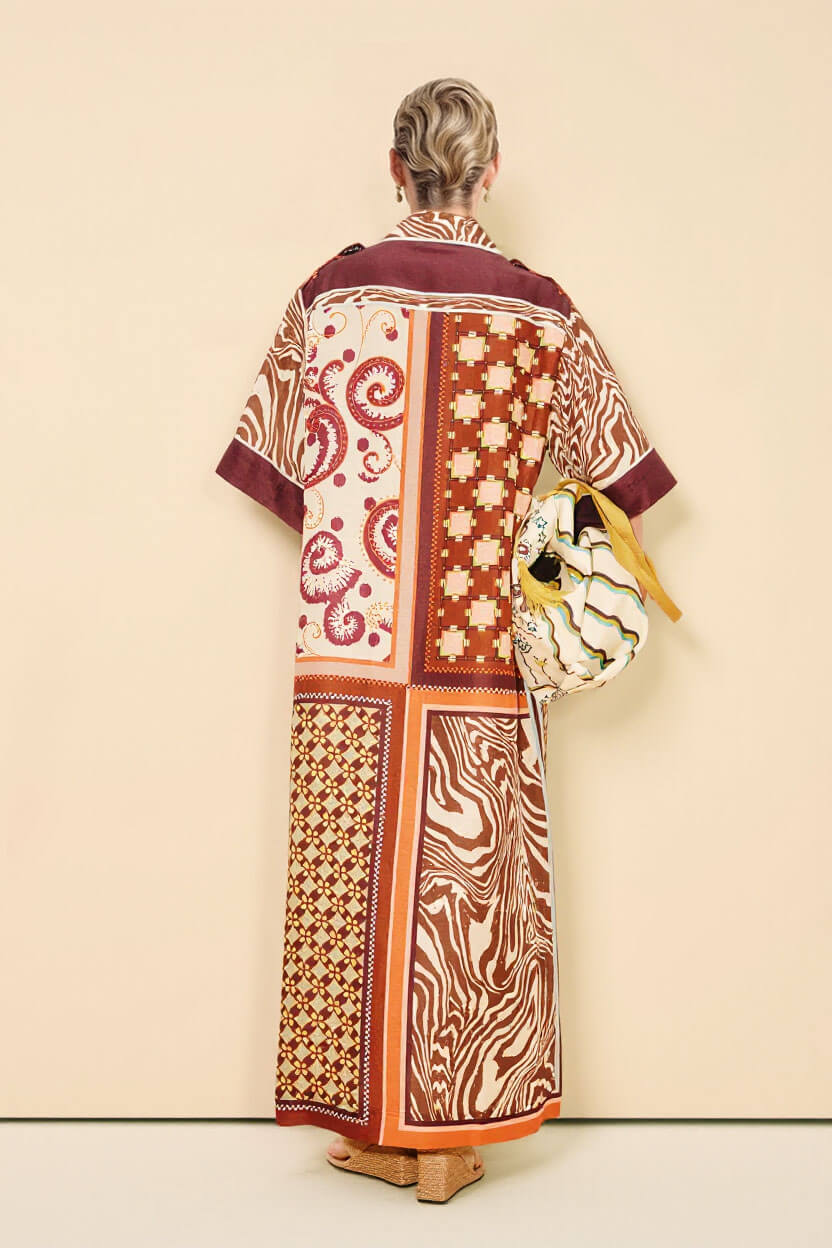 Unique Color-Block Print Side Pocket Loose Maxi Shirtdress