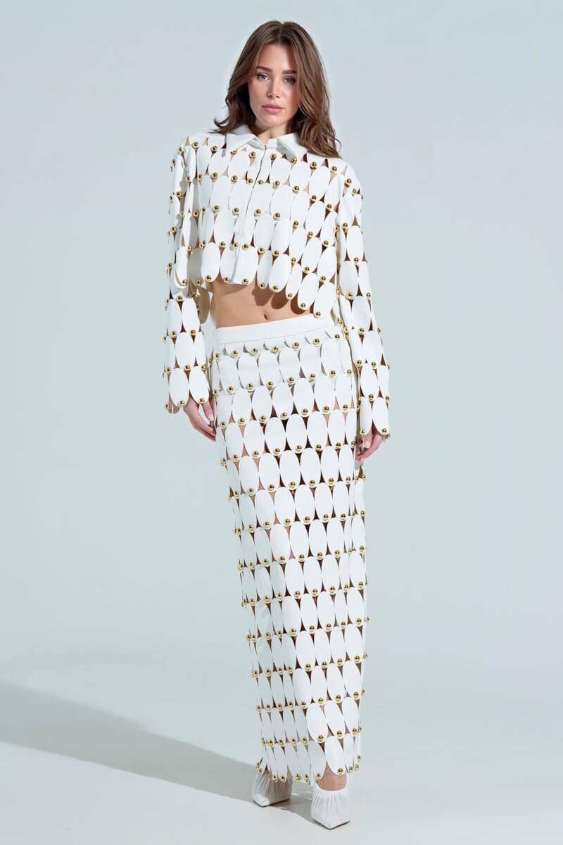 Exquisite Cut-Out Studded PU Maxi Skirt