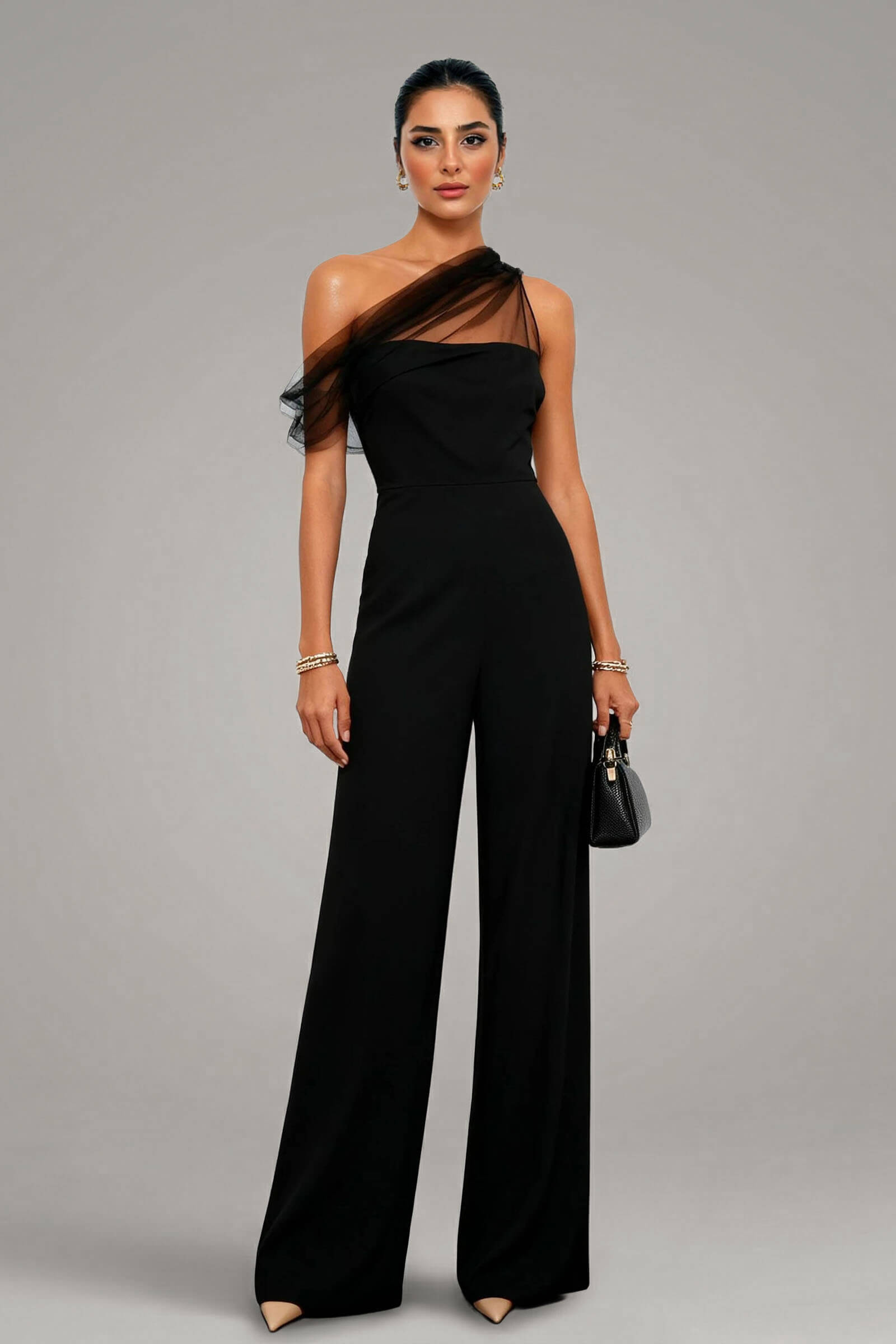 Elegant Mesh Panel One-Shoulder Jumpsuit
