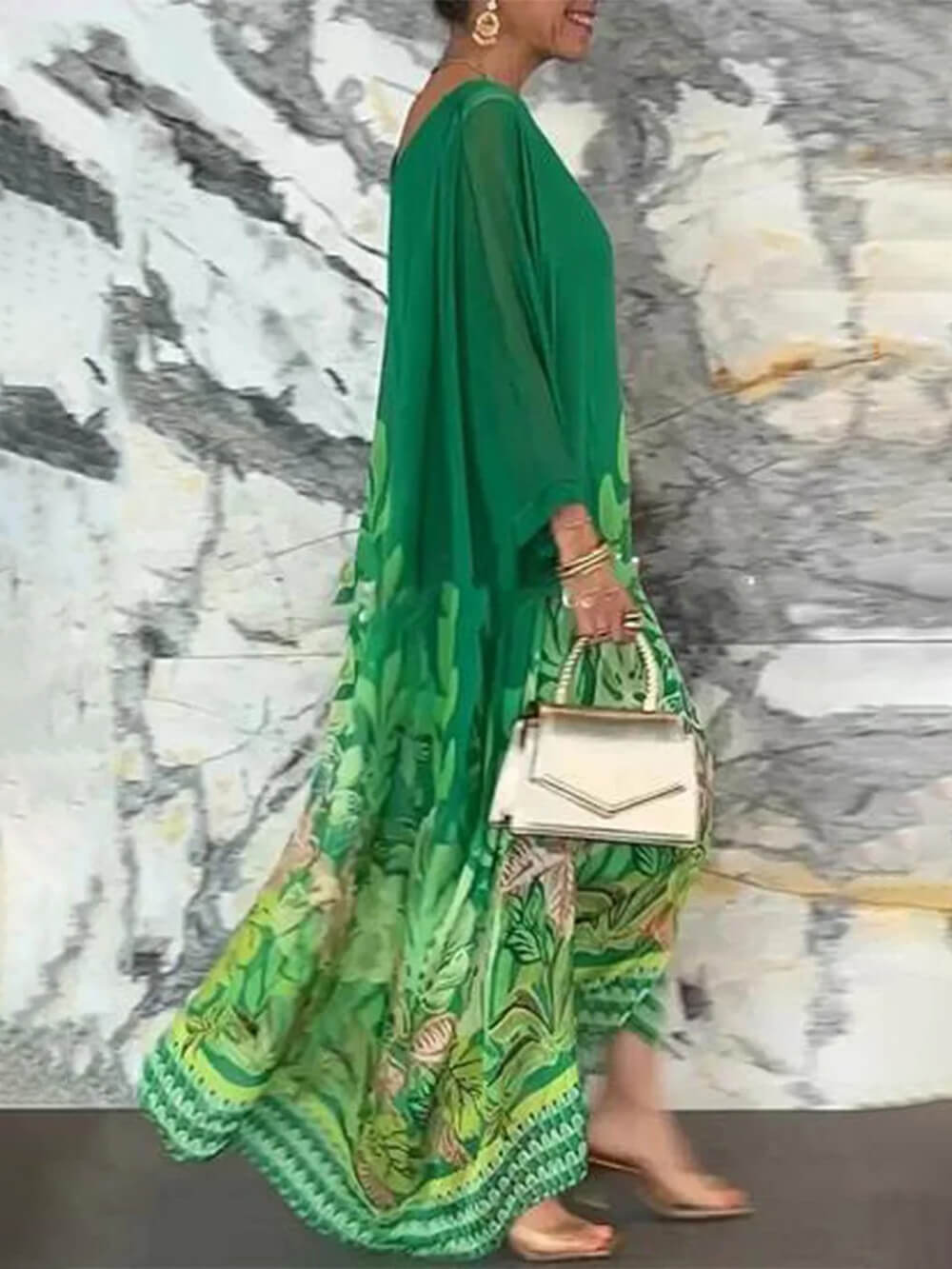 Vacation Plant Print Batwing Sleeve Kaftan Oversized Maxi Dress