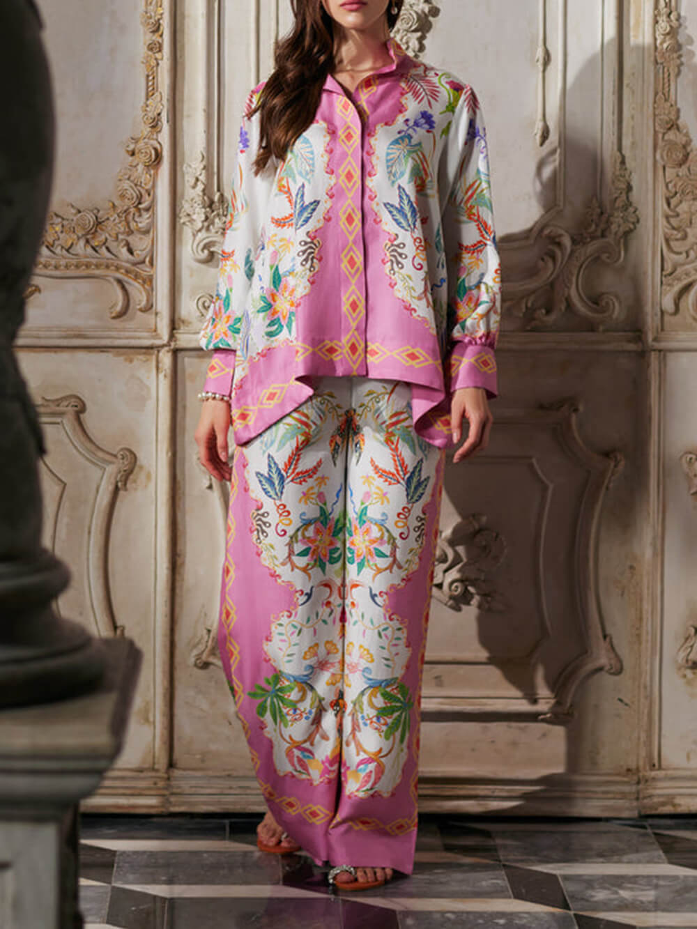 Mystic Bloom Floral Geometric Print Oversized Button-Up Shirt