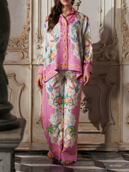 Mystic Bloom Floral Geometric Print Oversized Button-Up Shirt
