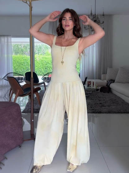 Casual Light Yellow Printed Spaghetti Strap Jumpsuit