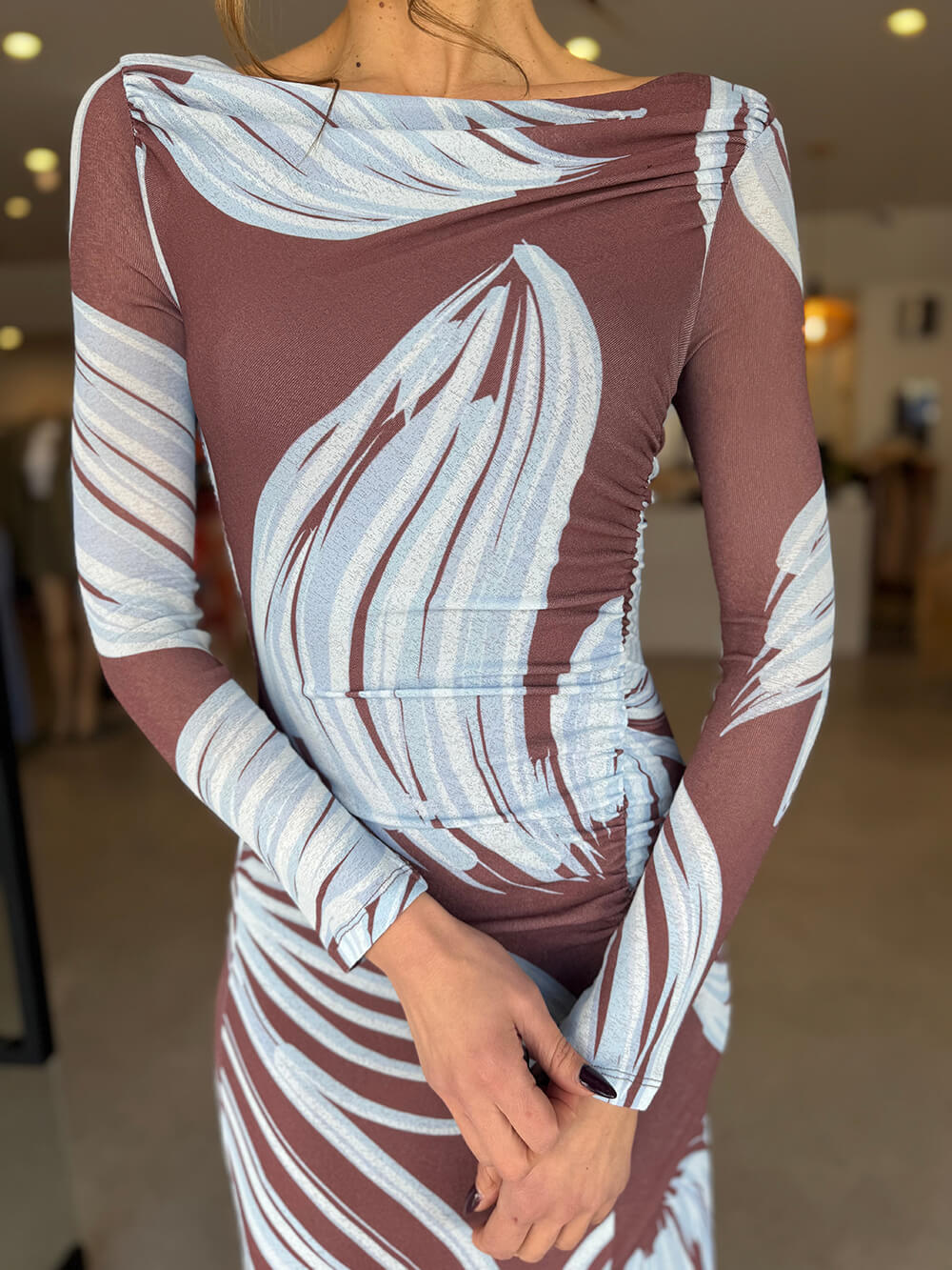 Elegant Printed Off-Shoulder Ruched Front Slits Maxi Dress