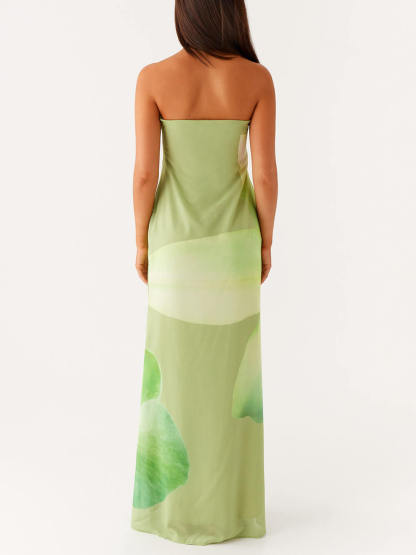Elegant Satin Unique Floral Print Off Shoulder Maxi Dress