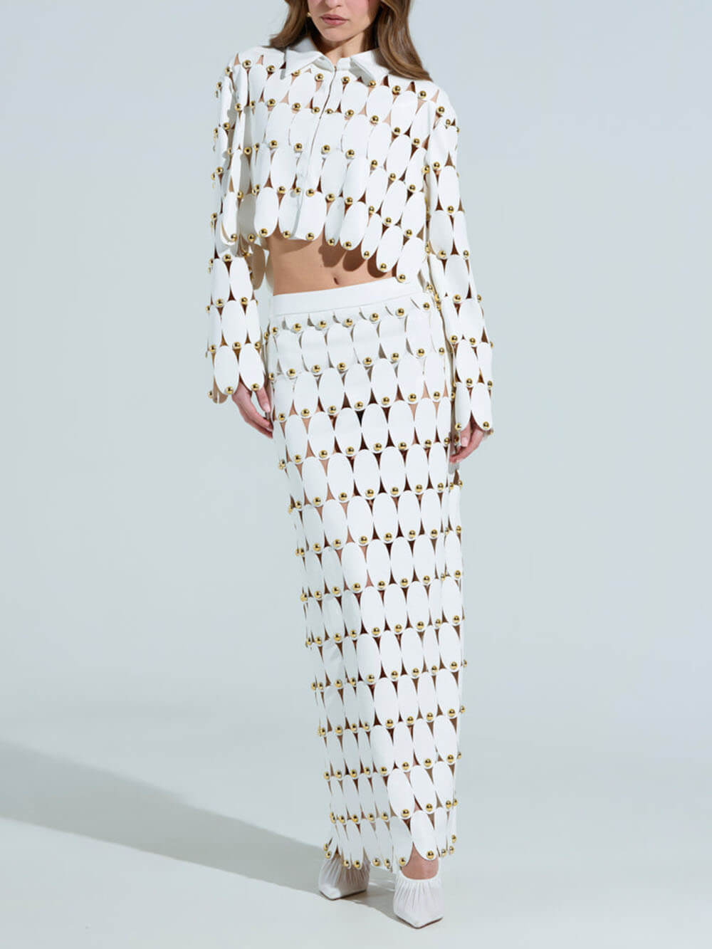 Exquisite Cut-Out Studded PU Cropped Cardigan Top